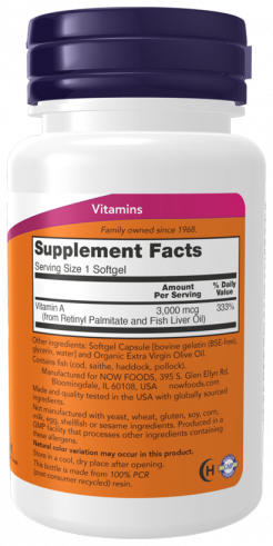 NOW Vitamin А 10,000 Softgels, Витамин А 10000 МЕ, 100 капсул