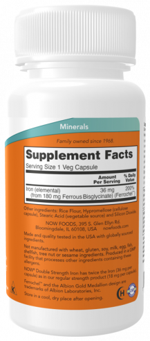 NOW Iron 36 mg Double Strength, Железо двойной силы 36 мг, 90 капсул